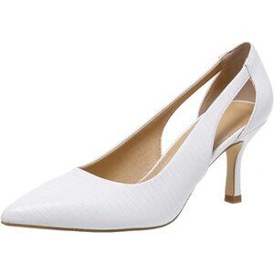 Women's White Faux Leather Pumps Pointed Closed Toe Kitten Heel Pump Shoes